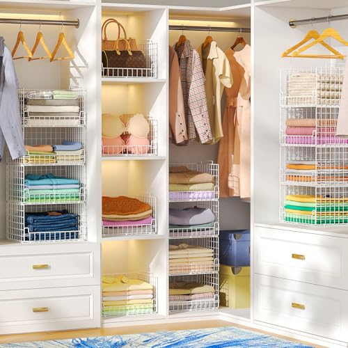 6-Tier Stackable Closet Organizers and Storage Basket - Foldable Closet Shelf Organizer System, Sturdy Metal Space-Saving Clothes Storage Bins for Wardrobe, White - color: White, size: 6-Tier