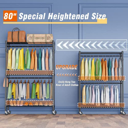 Homdox Rolling Garment Rack with Double Rod, Heavy Duty Clothing Rack with Shelves, Portable Clothes Rack, Free Standing Wardrobe Rack, with Lockable Wheels & Hanging Hooks, Max Load 450 LBS, Black - color: Black, size: 17.72"D x 47.24"W x 80.71"H