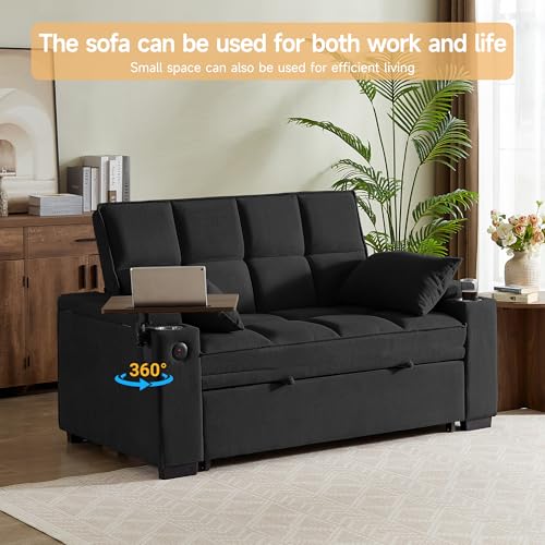 66" Multi-Functional Pull-Out Sofa Bed with Hidden Side Table, Storage Armrests, Built-in Charging Port, Spring Mattress, Solid Wood Frame – Ideal for Small Spaces, Easy Assembly - color: 1007-black
