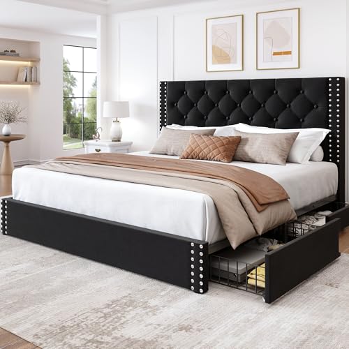 Full Size Bed Frame with 4 Storage Drawers and Tufted Headboard Upholstered Platform Bed Frame with Heavy Duty Wood Slats, No Box Spring Needed, Easy Assembly,Black - color: Black, size: Full