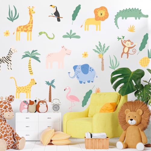 Animals Wall Decals - 4 Sheeets 26 Pcs Cute Jungle Theme Wall Decor Peel and Stick Elephant Giraffe Lion Safari Wall Stickers for Kids Nursery Playroom Bedroom Living Room Décor - color: Jungle Animals