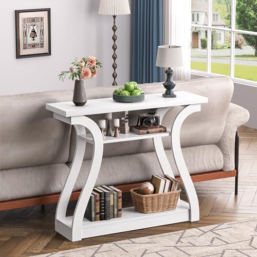 47" Narrow Console Table, Entry Table with Curved Legs, Sofa Table | Wood Console Table 3-tier Shelf Modern Accent Sofa Table for Entrance Area, Living room, Hallway (White) - color: White