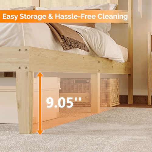 VINGLI Rattan Twin Bed Frame with Headboard,Boho Bed Frame with Underbed Storage and Charging Ports for Bedroom,Solid Wooden Slats Support,Noise-Free,Natural - size: Twin