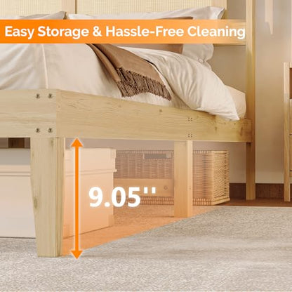 VINGLI Rattan Twin Bed Frame with Headboard,Boho Bed Frame with Underbed Storage and Charging Ports for Bedroom,Solid Wooden Slats Support,Noise-Free,Natural - size: Twin