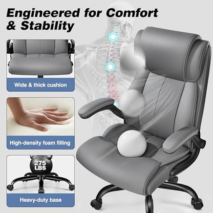 BESTFAIR High Back Office Chair, Adjustable Lumbar Support, Rocking, Gray | Inflatable Lumbar Eases Lower Back Fatigue, Padded Flip-Up Armrests, 21" Wide Seat, Scratch-Resistant PU Leather, 2 Pack - color: Grey, size: 2 Pack