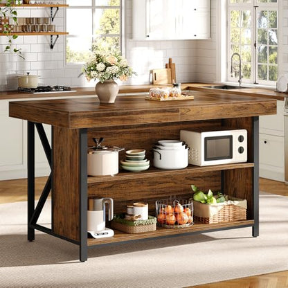 Tribesigns Large Kitchen Island with Storage, 55-Inch Wooden Stationary Island Table with Metal Frame, 3-Tier Industrial Center Bar Table with Thickened Countertop for Kitchen, Dining Room, Brown