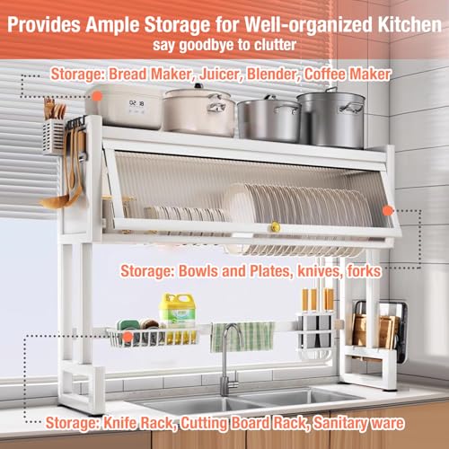 Hdrriozu Over the Sink 3 Tier Dish Drying Rack with Cover, Milkshake White | Rust resistant built last. Easy install simple tools. Holds dishes glasses bowls. Space saving over sink tidy kitchen. - color: Milkshake White