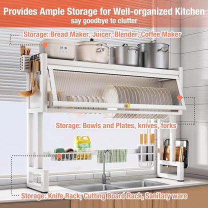 Hdrriozu Over the Sink 3 Tier Dish Drying Rack with Cover, Milkshake White | Rust resistant built last. Easy install simple tools. Holds dishes glasses bowls. Space saving over sink tidy kitchen. - color: Milkshake White