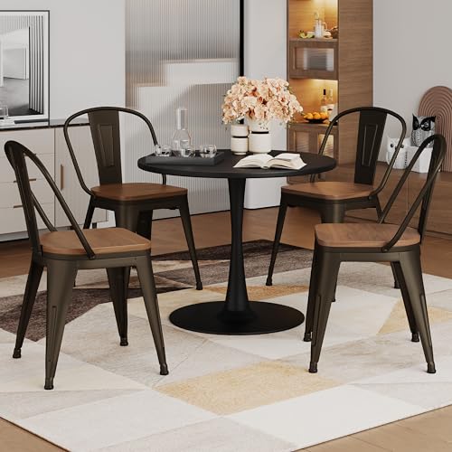Alunaune 18inch Metal Dining Chair Set of 4 High Back Classic Chic Iron Farmhouse Chairs Industrial Stackable Coffee Stools Bistro Cafe Side Barstools Wood Seat-Rusty - color: Rusty