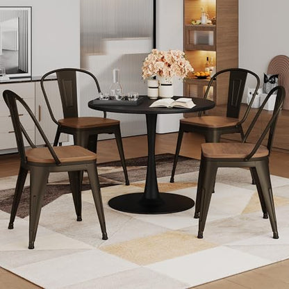 Alunaune 18inch Metal Dining Chair Set of 4 High Back Classic Chic Iron Farmhouse Chairs Industrial Stackable Coffee Stools Bistro Cafe Side Barstools Wood Seat-Rusty - color: Rusty