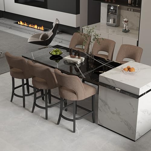 VKNOW Bar Stools Set of 6, 26" Upholstered Counter Height Bar Stools | Modern Counter Stools with Black Rubberwood Legs for Kitchen Island Dining Room Bar, Brown-Black Legs - color: Brown-black Legs, size: Set of 6