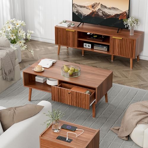 LCRBOL Coffee Table with Fluted Drawer, Mid-Century, Walnut | 39.3"W x 19.7"D x 17.1"H, 1 fluted drawer & open shelf, golden handle, 5 legs, ~45 min assembly - color: Walnut(lsj011-wa)