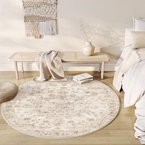 8x8 Beige Neutral Round Rug | Washable, Non Slip, Soft Low Pile, Vintage Farmhouse, for Dining Room Living Room Bedroom Office Entryway Indoor Home Decor - color: Beige, size: 8' (Round)