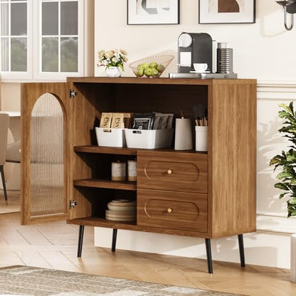 Wood Sideboard Cabinet - Slim Side Board Buffet Cabinet with Storage, Small Accent Credenza with Drawers and Door, Modern Coffee Bar Table for Kitchen, Dining Room, Entryway, Living Room - color: Walnut