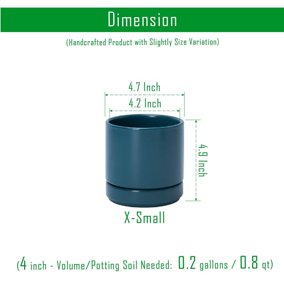 D'vine Dev 2-Pack Ceramic Pots with Saucers, Teal, 4.7 in, 94-V-B-9 | Modern Cylinder Design, Glazed Ceramic, Drainage Hole & Saucer Included, High Temperature Fired, Elegant Home Accent - color: Teal, size: 4.7 Inch