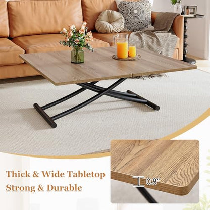 Adjustable Height Coffee Table, Folding Dining Table, Light Wood | Convertible lift top table for use as a coffee table, dining table, home office desk or vanity - color: Light Wood & Black Legs