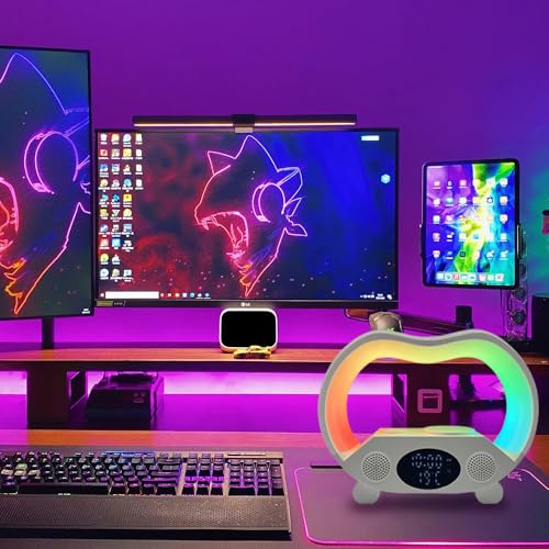 IHAO 6in1 Wireless Charging Station with Bluetooth Speaker Time&Temperature Display Alarm Clock 7-Color LED Night Lights Fast Charger for Phone, Apple Watch, Earbuds Remote Control Auto Shutoff-White - color: 6in1 Wireless Charger Alarm Clock ZS932 White