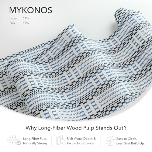 Deluxe Sliding Vertical Blinds,White Trendy Door Blinds, Blue Panel Track Blinds, Patio Room Dividers, 45.8"- 86" W x 96" H, Extendable Track, Designer Pattern Woven Panels, Mykonos - color: Mykonos