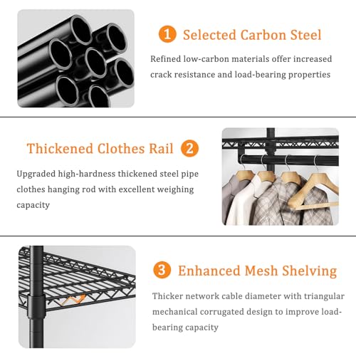 Heavy Duty Garment Rack with Shelves, Black | Heavy Duty Clothes Rack with 3 Hanging Rods & 6 Shelves, Freestanding Adjustable Garment Rack for Bedroom - size: 44.88''W×17.13D''×76.38''H