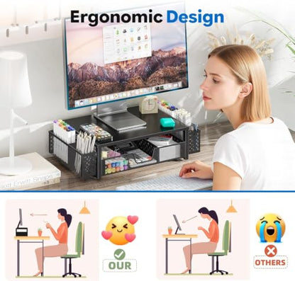 Simple Trending Desk Organizer, Computer Monitor Stand Riser, Black | Metal Laptop & Printer Stand, Desktop Organizer with Drawer & 2 Pen Holders, Anti-Slip Pads, 18.5"W x 9.5"D x 4.75"H - size: 18.5"W x 9.5"D x 4.75"H