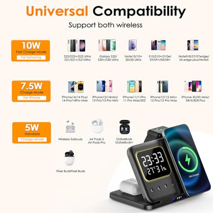 IHAO 5in1 Multi Functional Wireless Charger with Digital Clock 15W Fast Charge Night Light Temperature Display MagSafe Compliant for iPhone iWatch and Qi Headphone-DH13 White - color: 5IN1 MagSafe Compliant DH13 White