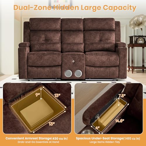 Power Reclining Loveseat with Flip Backrest, Power Loveseat Recliner Sofa with LED Lights, Bluetooth Speaker, 3-Seater Recliner Sofa with Arm/Seat Storage (Brown, Loveseat with Console) - color: Brown, size: Loveseat with Console