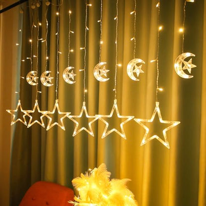 FUCHSUN 138 Led Curtain String Lights Ramadan Icicle Light, Crescent Star | 8 Lighting Modes Timer, Dimmable Fairy Hanging Lights for Window Wall Home Decoration, USB Operated, Warm White - size: Crescent and Star