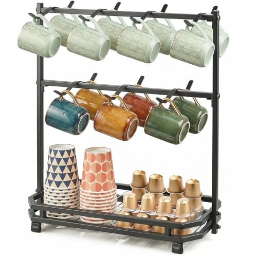 Coffee Mug Holder for Countertop, 14 Hooks Metal Coffee Cup Holder Rack | Mug Tree Stand with Storage Base for K Cup Coffee Pod Paper Cups Tea Bag, 2 Tier, Black - color: 2-Tier