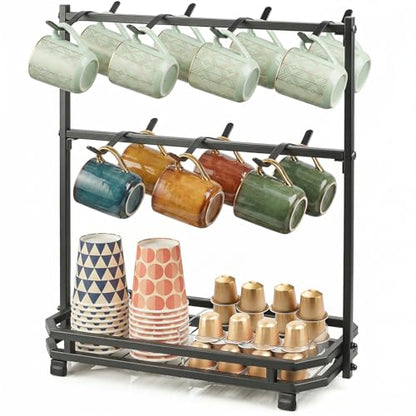 Coffee Mug Holder for Countertop, 14 Hooks Metal Coffee Cup Holder Rack | Mug Tree Stand with Storage Base for K Cup Coffee Pod Paper Cups Tea Bag, 2 Tier, Black - color: 2-Tier