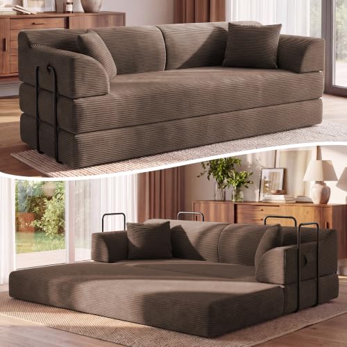 79" Convertible Sofa Bed, Boneless Couch for Living Room (Light Brown) | Corduroy Boneless Loveseat Sleeper Sofa, Modular Futon Couch with 2 pillow, Pull Out Couch No Assembly - color: Light Brown, size: 79"Convertible Sofa Bed