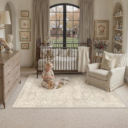 3x4 Beige Washable Entryway Area Rug Vintage Distressed | Neutral, Non Slip, Soft Low Pile, Small Carpet for Bedroom, Kitchen, Office, Laundry Room, Indoor Home Decor - color: Beige, size: 3' x 4' (Rectangular)