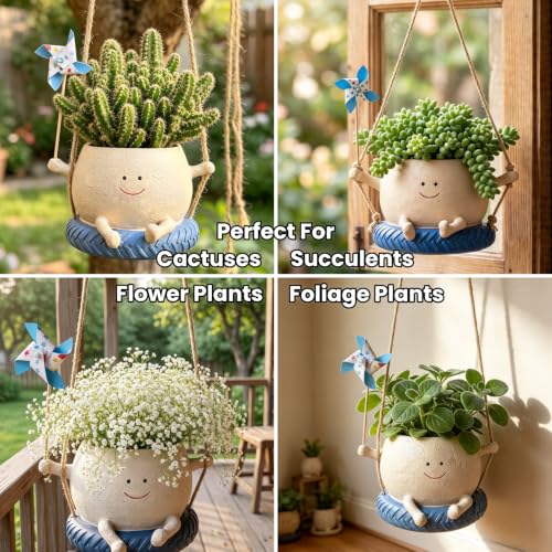 Smiley Face Hanging Planter with Spinning Windmill, 4 Inch Resin Flower Pots with Drainage Hole & Mesh Pad, Cute Succulent Planter for Small Plants, Gardening Gift, Indoor Outdoor Garden Decor