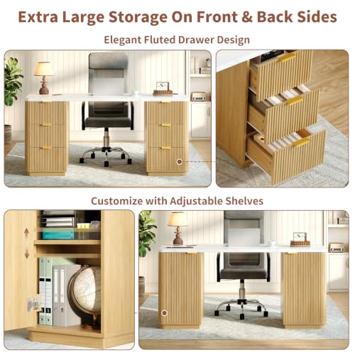 63" Fluted Computer Desk with Charging Station and Storage for Bedroom, Home Office | Home Office Desk with 6 Drawers and Power Outlet, Executive Study Writing Desk with Cabinet, Natural