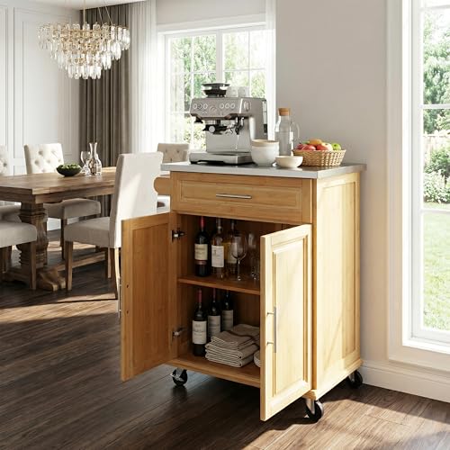 Christopher Knight Home ZAH Bamboo Rolling Cart with Drawers, Kitchen Bar Cart on Wheels with Stainless Steel Top, Mobile Rolling Kitchen Cart Storage Cabinet, Serving Cart, 29.13'' x 18.5'', Natural - size: Small
