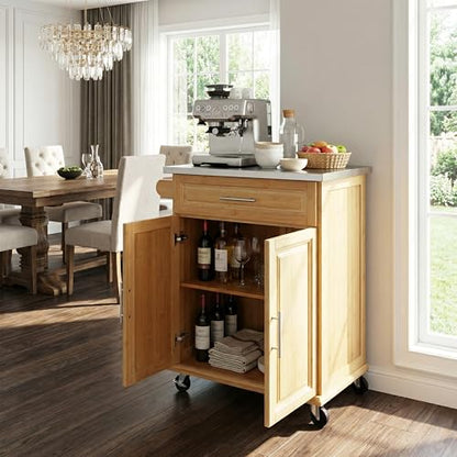 Christopher Knight Home ZAH Bamboo Rolling Cart with Drawers, Kitchen Bar Cart on Wheels with Stainless Steel Top, Mobile Rolling Kitchen Cart Storage Cabinet, Serving Cart, 29.13'' x 18.5'', Natural - size: Small