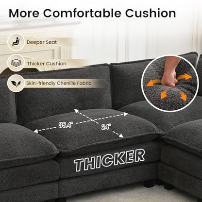 ROWHY Oversized Modular Sectional Couch with 2 Movable Ottoman, 148" Modern Convertible U Shaped Sofa Set, 4 Seat Comfy Cloud Couch with 2 Throw Pillows, for Living Room, Chenille, Charcoal Grey - color: Chenille Dark Grey, size: 6 Seats U-Shaped