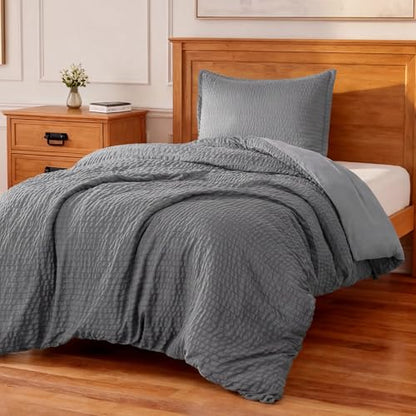 Amazon Basics Duvet Cover Set with Jacquard Geometric Pattern, 2-Piece with 1 Duvet Cover and 1 Pillow Sham, Comforter Not Included, Twin, Dark Gray - color: Dark Gray, size: Twin