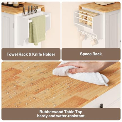 47.6" Kitchen Island with Storage, Drop Leaf, Knife Holder, White | Kitchen Island on Wheels with Door Cabinet, Drawer, Spice Rack, Towel Rack, and Knife Holder for Kitchen Storage - size: 47.6 Inch-White