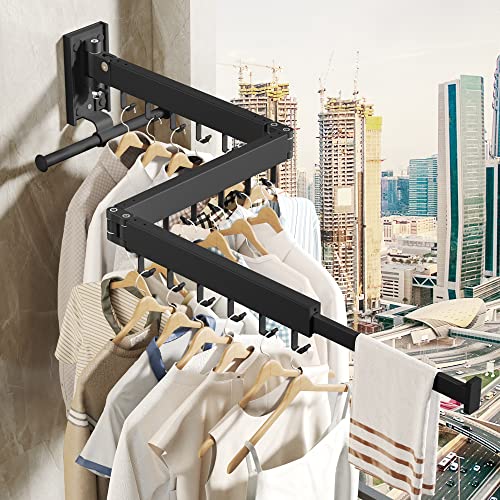BOQORAD Drying Rack Clothing, Retractable Clothes Drying Rack,Wall Mounted Laundry Rack, Laundry Drying Rack Wall Mount,Collapsible Clothes Rack,can Fold Upward & Left & Right,Black Color - color: Black