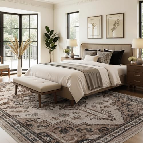 Joydeco Washable Rug 5x7 for Bedroom, Vintage Area Rugs for Living Room | Boho Medallion Soft Low Pile Non Slip Indoor Throw Carpet for Entryway Dining Room Farmhouse Home Office, Light Coffee Brown - color: Light Coffee, size: 5' x 7' (Rectangular)