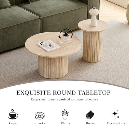 Round Nesting Coffee Table Set of 2 Mid Century Modern Wood Round Coffee Tables with Flexible Small Boho Circle Side Table for Space Saving Living Room Comedor Home Office Bedroom(Beige) - color: 2pcs Beige