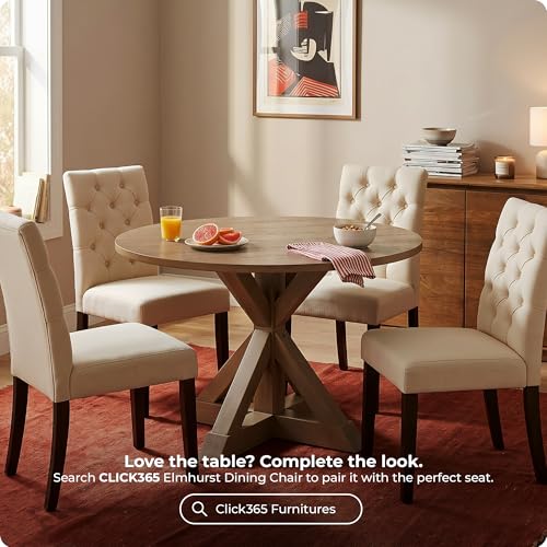 Alfred 46.5 Inch Round Dining Table for 4, Solid Wood Farmhouse Kitchen Table with Distressed Beige Finish and Pedestal Trestle Base