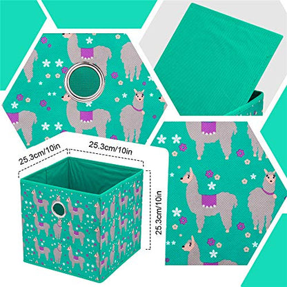 Fabric Strorage Cubes Box Basket Bins Foldable 10x10x10 Inch Emerald Green Alpaca Pattern for Closet Organizer Inserts Drawers ,QY-SC16-6 - color: Alpaca(Set of 6)