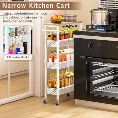 Utility Slim Rolling Storage Cart, 4-Tier Narrow Metal Organizer with Wood Top, 7.1" Width Utility Cart for Kitchen, Bathroom, Laundry Room, Small Spaces, White - color: White-7.1 Inch Wide