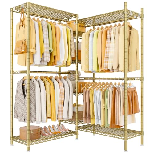 E4L Corner Clothes Rack, L Shaped Garment Rack, Heavy-Duty Freestanding Closet System with Shelves and Hangers, Max Load 962lbs, 42.7" W x 42.7" D x 79.3" H, Gold - color: Gold