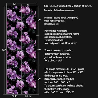 Purple Flowers Peel and Stick self Adhesive Wallpaper Floral - 96''x32'' - color: X12, size: 32" x 96"