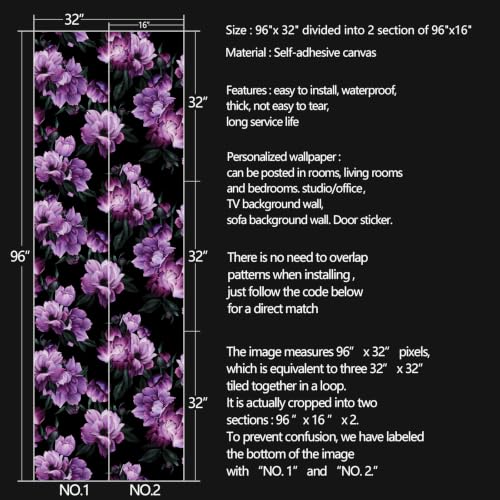 Purple Flowers Peel and Stick self Adhesive Wallpaper Floral - 96''x32'' - color: X12, size: 32" x 96"