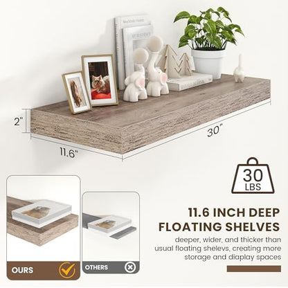 30 Inch Floating Shelves, 12'' Deep Grey Shelves for Wall Set of 1 | Invisible Brackets, Engineered Wood, Mounting Hardware Included, 45LBS, Bathroom, Laundry Room, Kitchen, Living Room - color: Grey, size: 30W x 11.6D x 2H, 1 Pack
