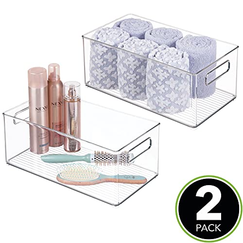 mDesign Deep Plastic Storage Organizer Container Bin, Bath and Shower Organization for Cabinet, Cupboard, Shelves, Counter, or Closet - Holds Shampoo, Vitamins, Ligne Collection, 2 Pack, Clear