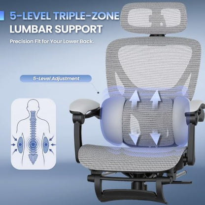 MALOL Ergonomic Mesh Office Chair with Footrest, Executive High Back Computer Desk Chair with 3D Adjustable Headrest & 5-Level Lumbar Support, Track Armrest, Tilt Lock, 300LBS, White - color: White